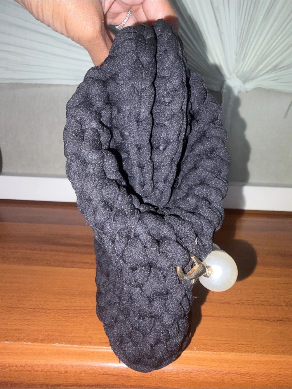 Handmade Black Crochet Clutch with Faux Pearl Handle